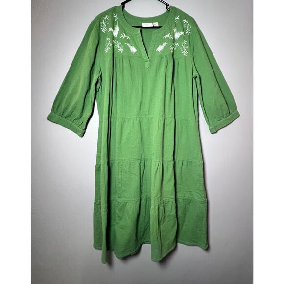 ✨The Vermont Country Store Large Green Embroidered Peasant Dress 100% Cotton - Picture 1 of 7